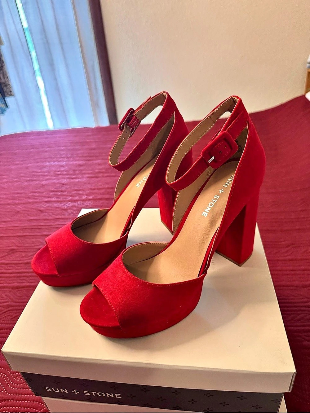 Sun + Stone Red Platform Block Heel Sandals